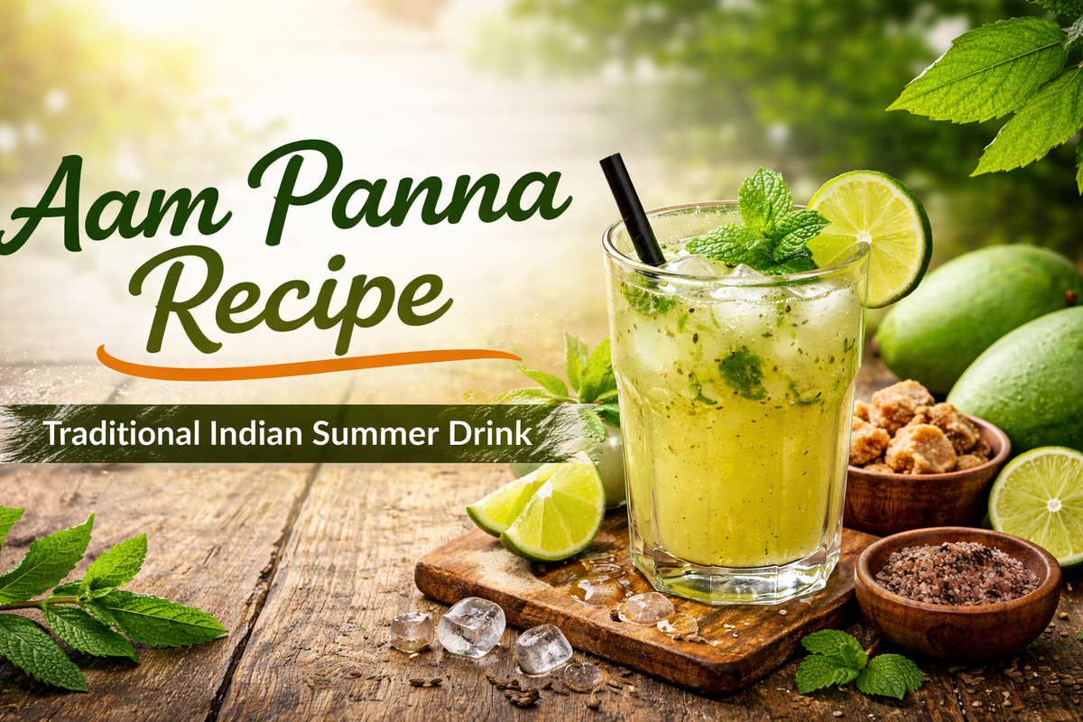 Aam Panna Recipe featuring a chilled glass of raw mango drink with mint & lemon slice, alongside raw mangoes, jaggery pieces, and traditional spices