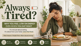 Always tired and low energy shown with woman feeling fatigued after meal and Indian food on table