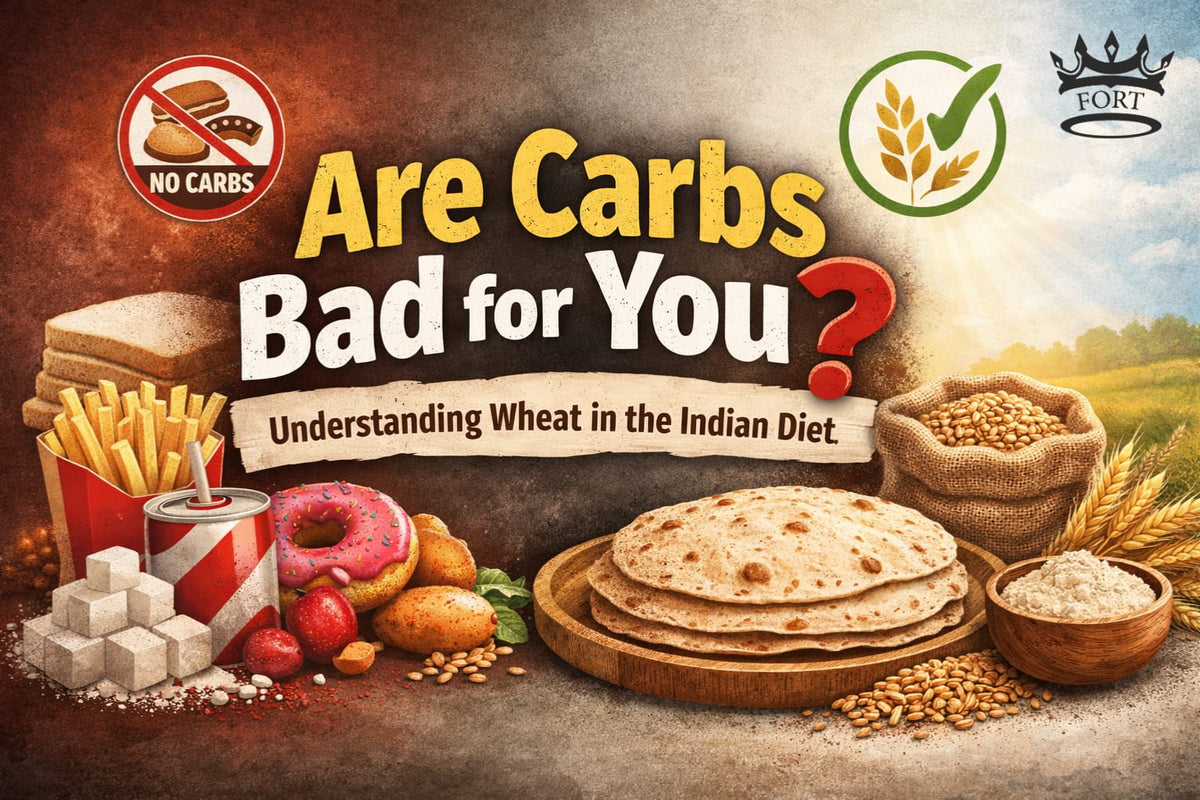 Comparing processed junk foods like fries, white bread, sugar, & soft drinks with whole wheat rotis & grains.