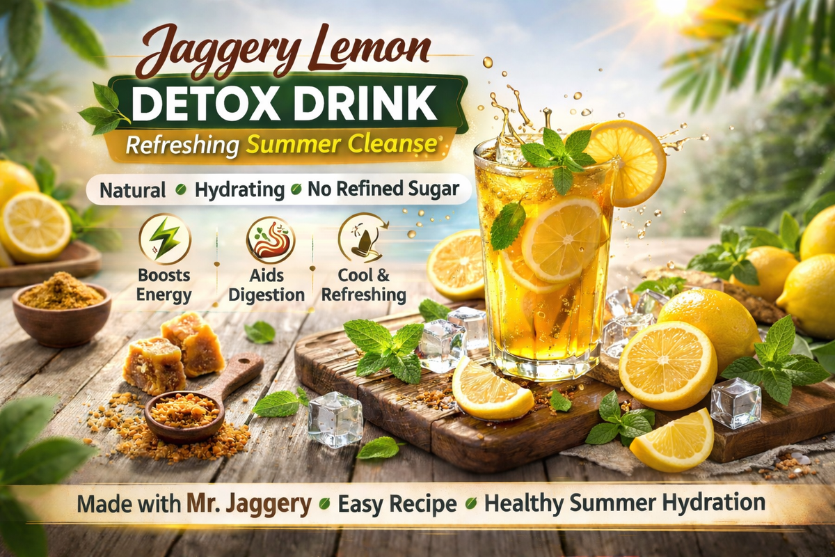 refreshing jaggery lemon detox drink served in a tall glass