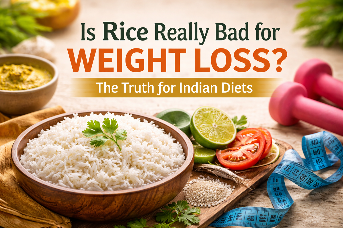 Bowl of white rice with dal and measuring tape illustrating weight loss in Indian diet context