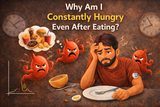 Man looking confused about constant hunger after eating, with visual cues of digestion and food choices in the background