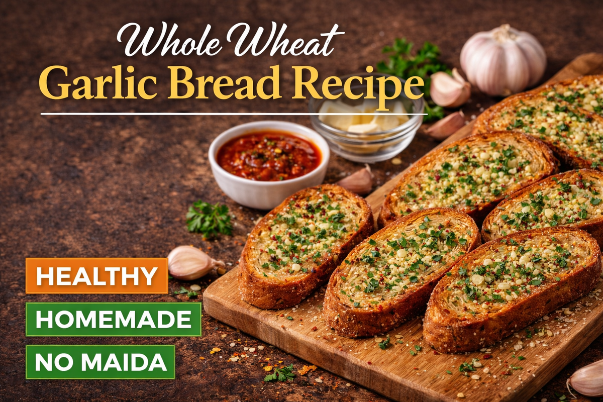 Whole Wheat Garlic Bread Recipe showing crispy garlic butter whole wheat bread slices topped with herbs and chilli flakes served with dipping sauce