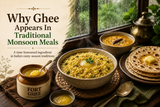 Ghee In Indian Cooking featuring khichdi, rotis, dal, and ghee as traditional monsoon comfort foods in Indian kitchens