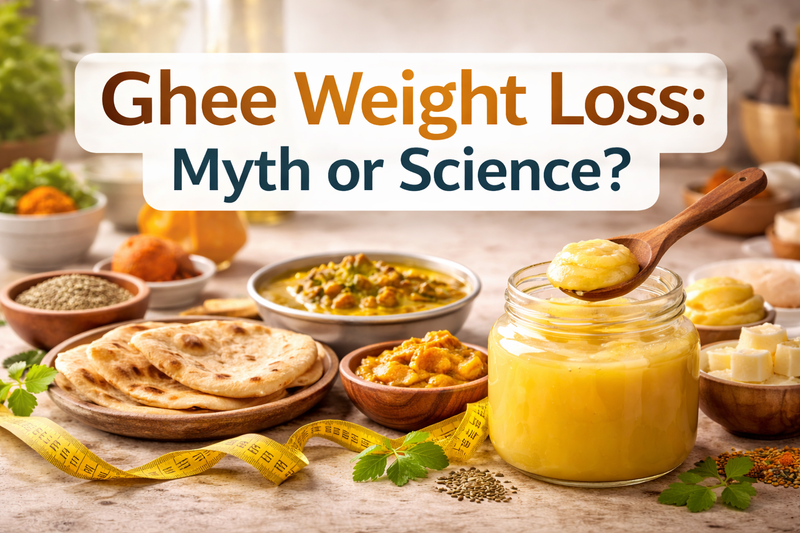 Ghee weight loss banner showing jar of desi ghee with roti, curry and measuring tape illustrating myth vs science of ghee and fat loss.