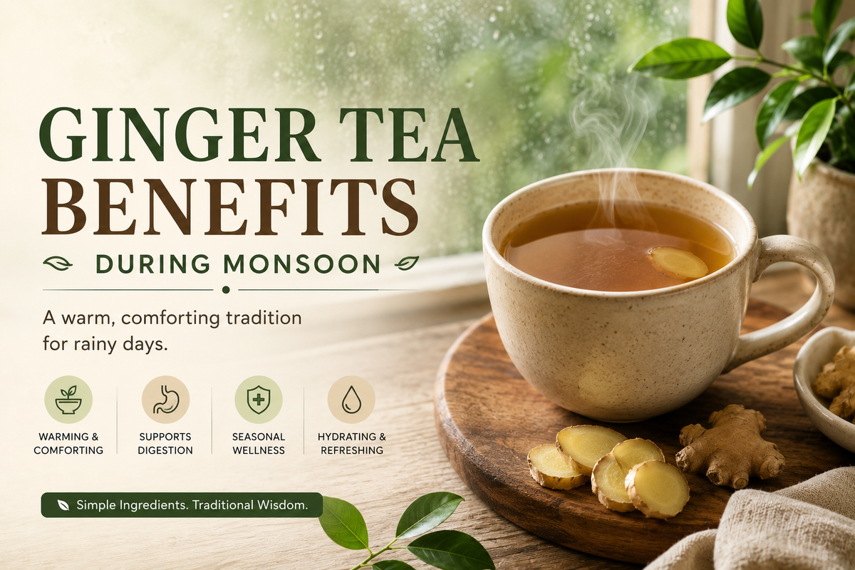 Ginger tea benefits during monsoon featuring a steaming cup of fresh ginger tea beside sliced ginger on a rainy day
