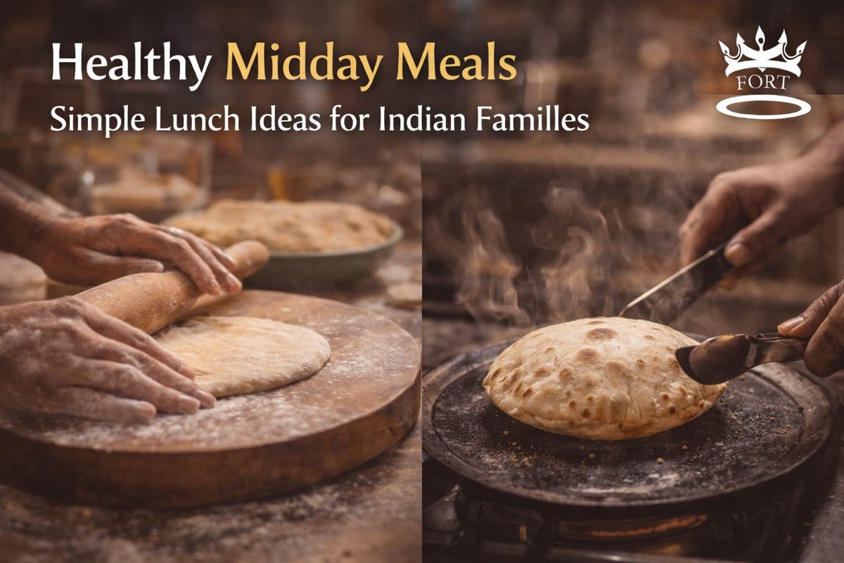 Hands rolling dough and flipping a puffed roti on a hot tawa, capturing the process of preparing healthy midday meals in an Indian kitchen.