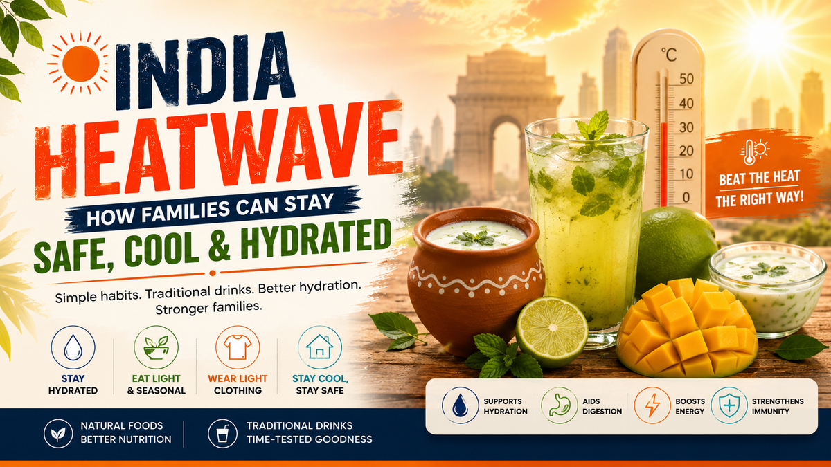 India heatwave safety banner with traditional cooling drinks hydration tips and summer wellness guidance
