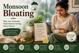 Monsoon bloating banner showing digestive discomfort during rainy season with hydration healthy eating and wellness habits