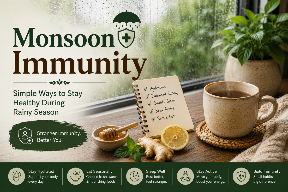 Monsoon immunity banner featuring ginger honey lemon herbal tea and healthy rainy season wellness habits