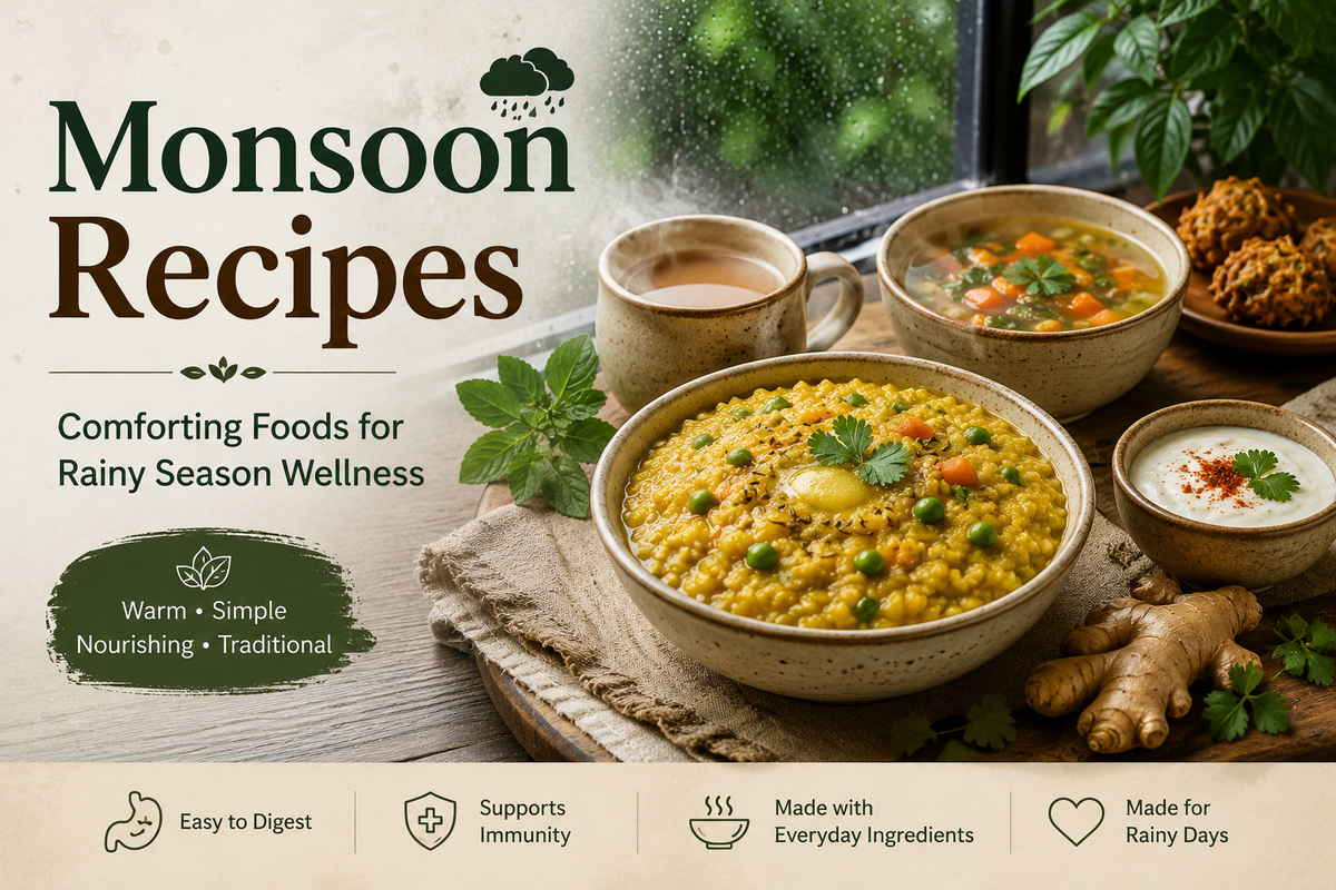 Monsoon recipes featuring khichdi vegetable soup ginger tea and traditional rainy season comfort foods on a rustic table