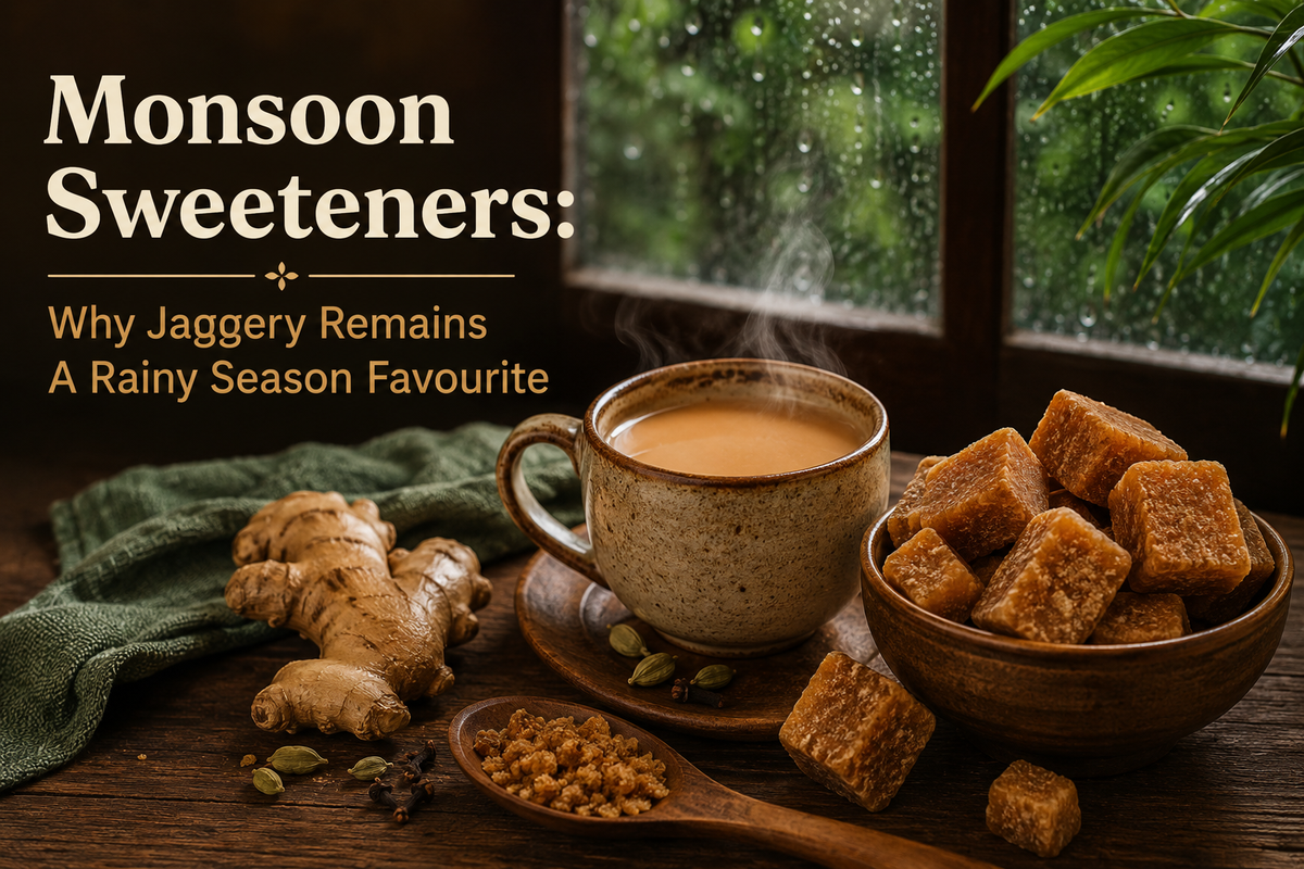 Monsoon Sweeteners featuring jaggery cubes, ginger tea, and traditional rainy-season ingredients used in Indian monsoon food culture