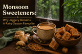 Monsoon Sweeteners featuring jaggery cubes, ginger tea, and traditional rainy-season ingredients used in Indian monsoon food culture