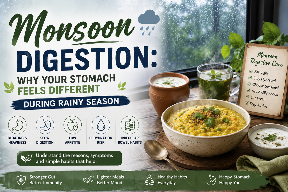 Monsoon digestion banner with khichdi buttermilk herbal tea and rainy season digestive wellness tips