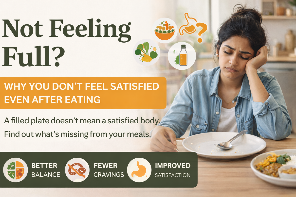 Not feeling full after eating shown with woman still unsatisfied after meal and partially eaten plate