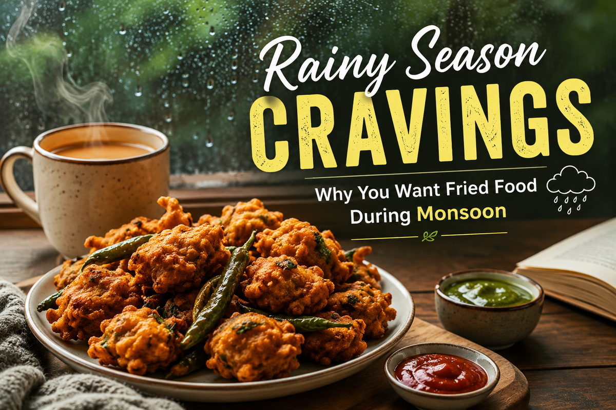 Rainy season cravings banner featuring hot chai crispy pakoras and monsoon comfort food during rainy weather