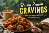Rainy season cravings banner featuring hot chai crispy pakoras and monsoon comfort food during rainy weather