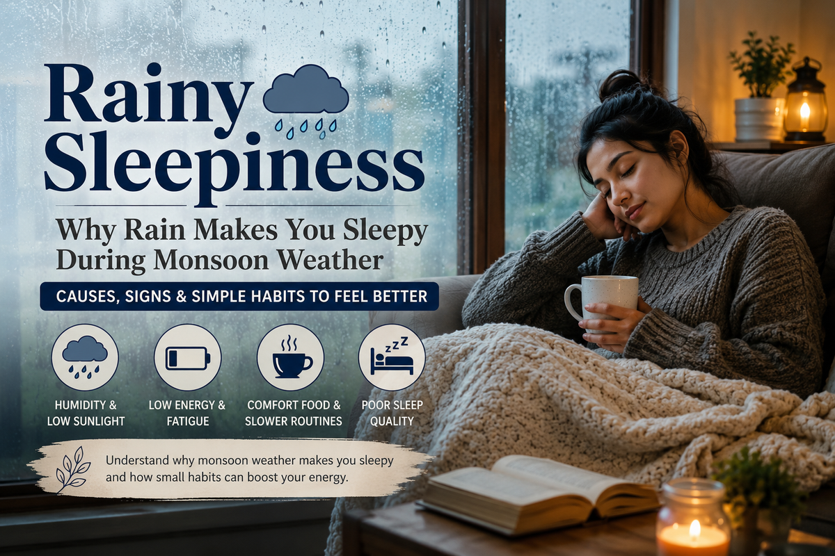Rainy sleepiness blog banner showing a woman relaxing indoors with chai during monsoon weather and cloudy rainy surroundings