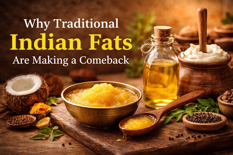 Traditional Indian fats including a brass bowl of golden desi ghee, a bottle of cold-pressed oil, Why Traditional Indian Fats Are Making a Comeback