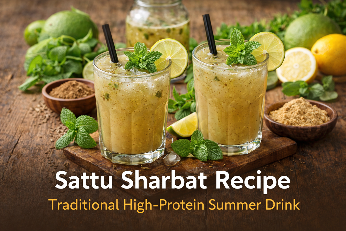 Sattu sharbat recipe served chilled in glasses with mint leaves, lemon slices, roasted cumin powder, and roasted gram flour on a rustic wooden table.