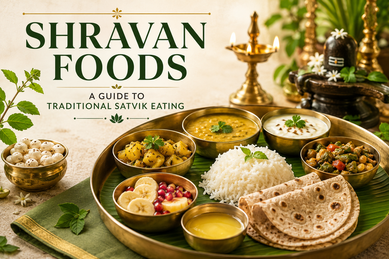 Shravan Foods – traditional Satvik meal served on a brass thali with rotis, steamed rice, dal, fresh vegetables, curd, pure ghee, fruits, and temple-inspired décor during the holy month of Shravan