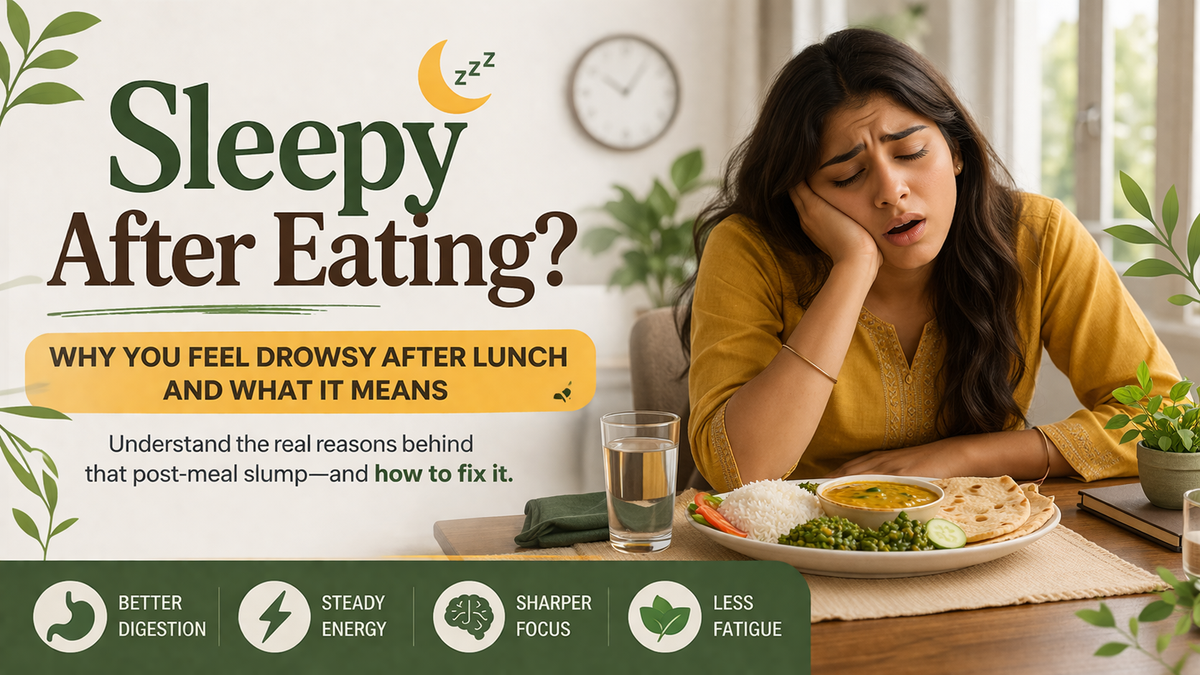 Sleepy after eating lunch shown with woman feeling drowsy and Indian meal on table