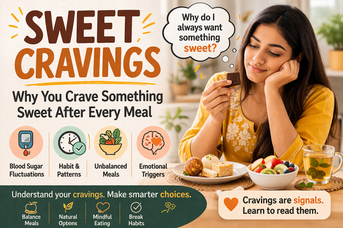 Sweet cravings after meals shown with woman holding chocolate and thinking about dessert