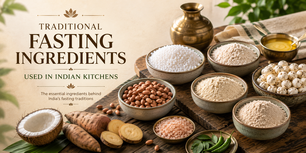 Traditional Fasting Ingredients – bowls of sabudana, rajgira flour, singhara flour, makhana, roasted peanuts, sendha namak, fresh coconut, sweet potatoes, and pure ghee arranged on a rustic wooden table in a traditional Indian kitchen