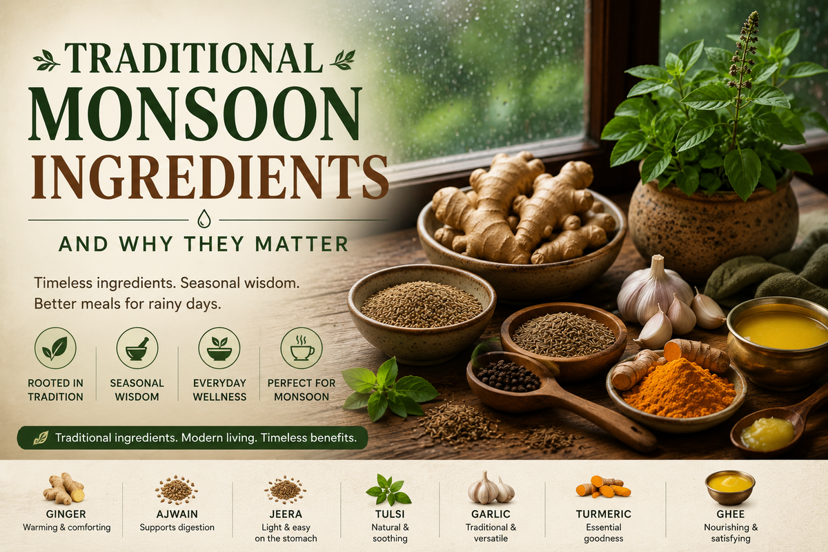 Traditional monsoon ingredients including ginger ajwain jeera tulsi garlic turmeric and ghee arranged on a rustic kitchen table