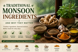Traditional monsoon ingredients including ginger ajwain jeera tulsi garlic turmeric and ghee arranged on a rustic kitchen table