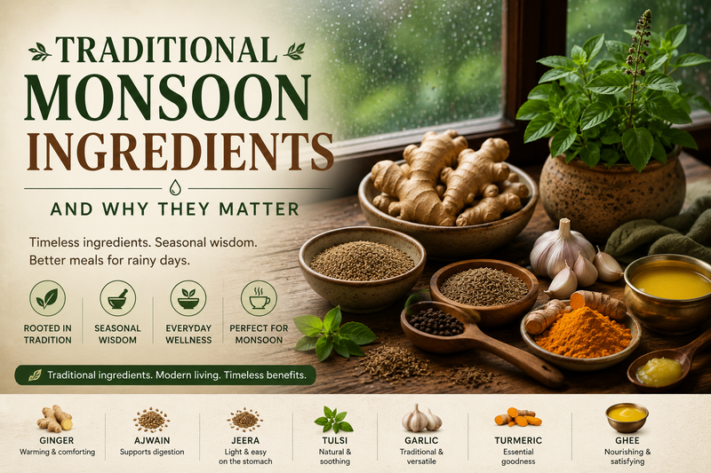 Traditional monsoon ingredients including ginger ajwain jeera tulsi garlic turmeric and ghee arranged on a rustic kitchen table