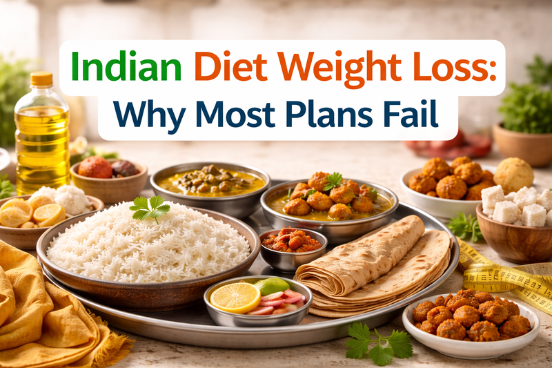 Indian diet weight loss banner showing traditional foods like rice, roti, dal and fried snacks