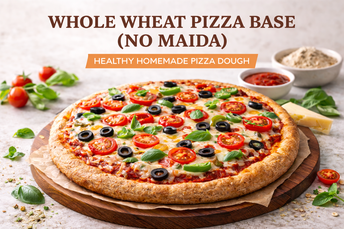 a freshly baked whole wheat pizza with a golden-brown crust