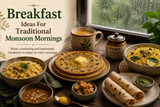 Breakfast ideas for traditional monsoon mornings featuring parathas, poha, rotis, chai, ghee, and homemade Indian comfort foods
