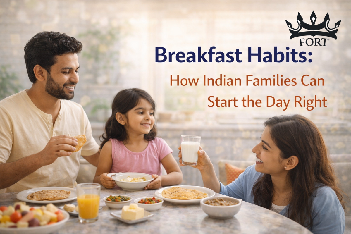 breakfast habits shown through an Indian family enjoying a morning meal together
