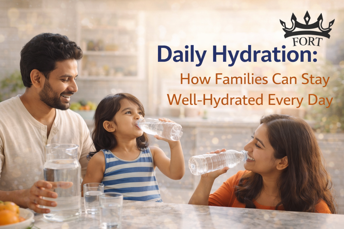 daily hydration habits shown through a family drinking water together