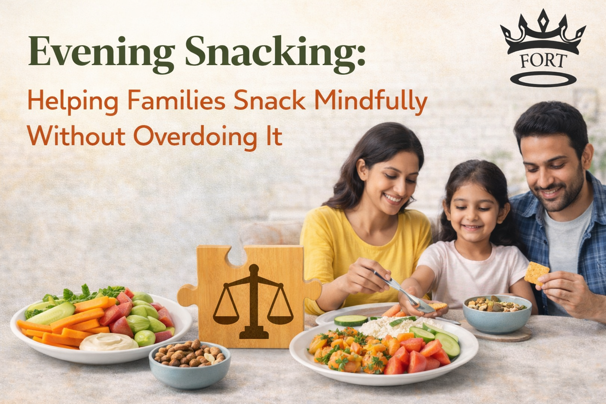 evening snacking shown through a family enjoying balanced snacks together at home