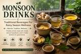 Monsoon drinks made with traditional Indian ingredients such as ginger tulsi jeera and turmeric for rainy season wellness
