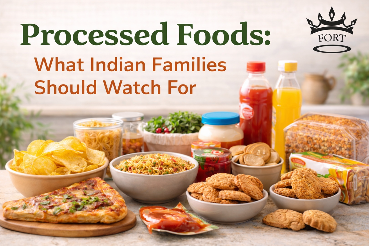 processed foods displayed as everyday packaged items used in family meals