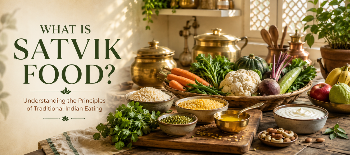 The banner has been generated with a warm editorial look, showcasing a traditional Indian kitchen, fresh Satvik ingredients, brass cookware, and a clean magazine-style composition around the headline.
