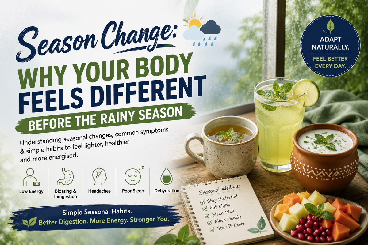 Season change before monsoon banner with hydration drinks lighter meals and pre-rainy season wellness tips