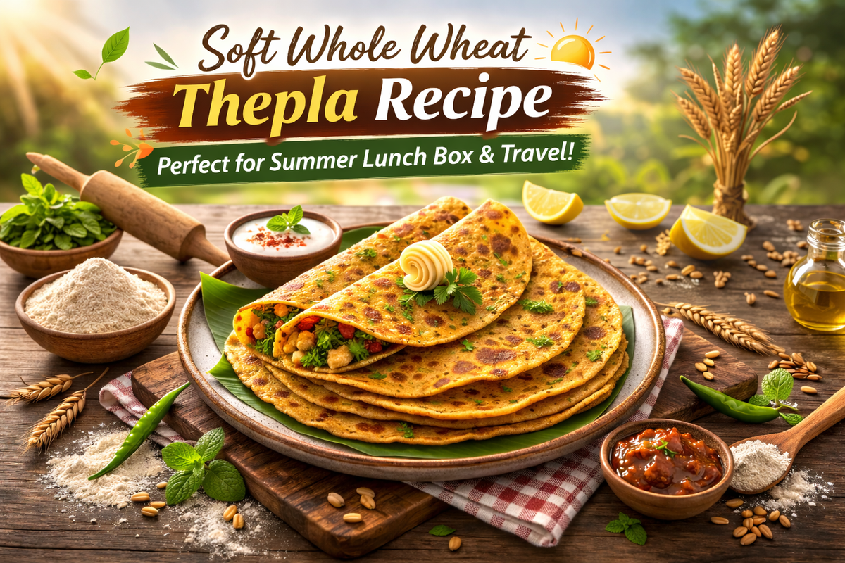soft whole wheat thepla recipe featuring a stack of golden theplas on a rustic wooden table with yogurt and chutney