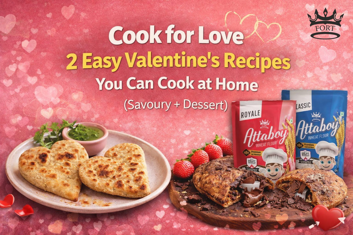 a heart-shaped whole wheat pizza and a plated pasta dish on a cozy dinner setup, with Fort Attaboy Classic and Royale wheat flour packets
