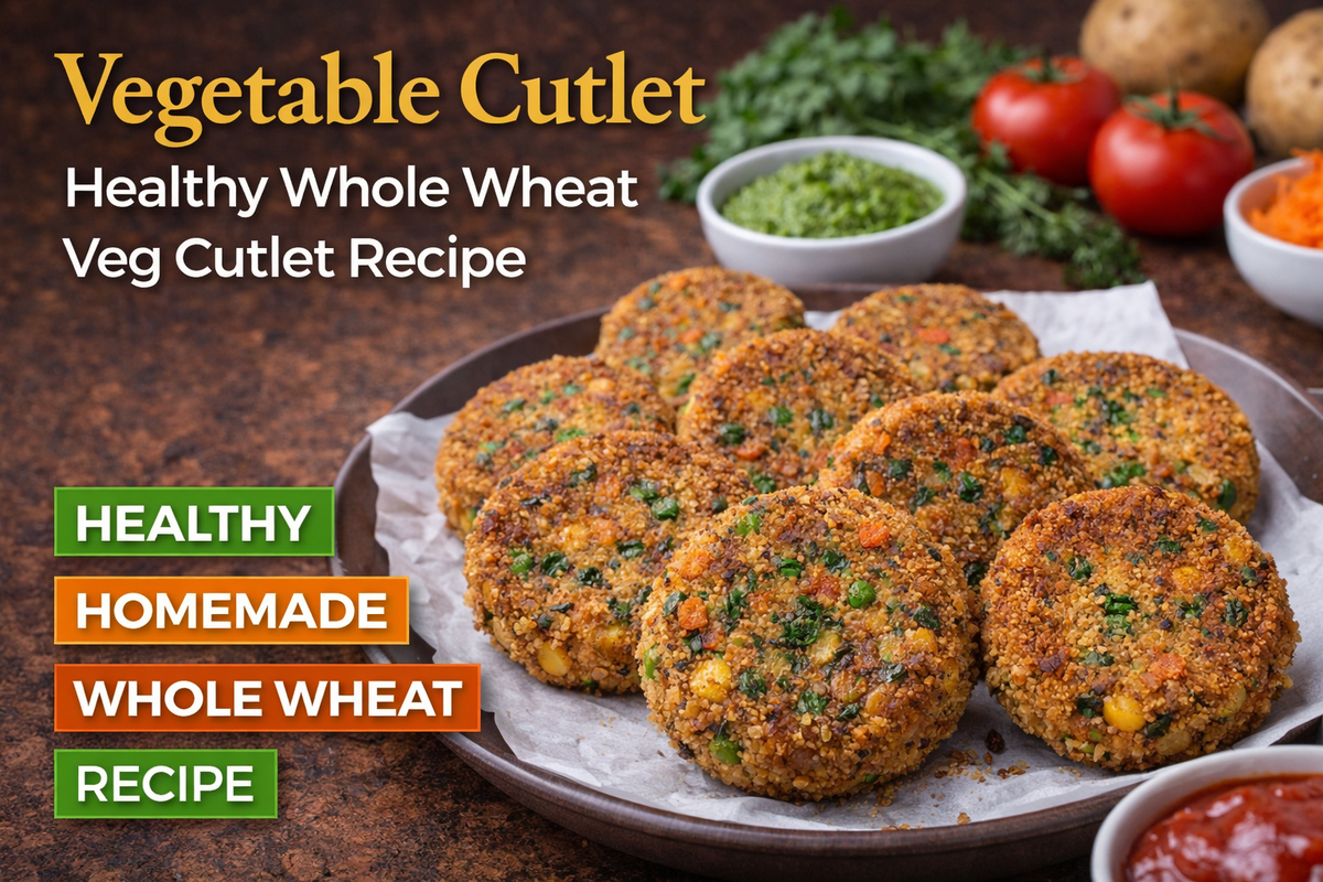 Vegetable Cutlet showing crispy whole wheat veg cutlets with green chutney and ketchup
