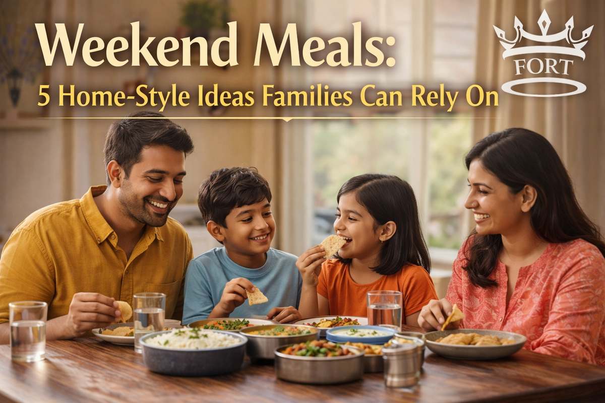 weekend meals displayed with home-style Indian dishes including rotis, parathas, dal, rice, and sabzi for family dining