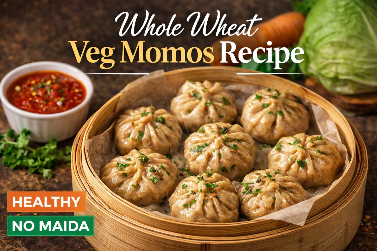 whole wheat vegetable momos in a bamboo steamer served with spicy chilli chutney