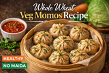whole wheat vegetable momos in a bamboo steamer served with spicy chilli chutney