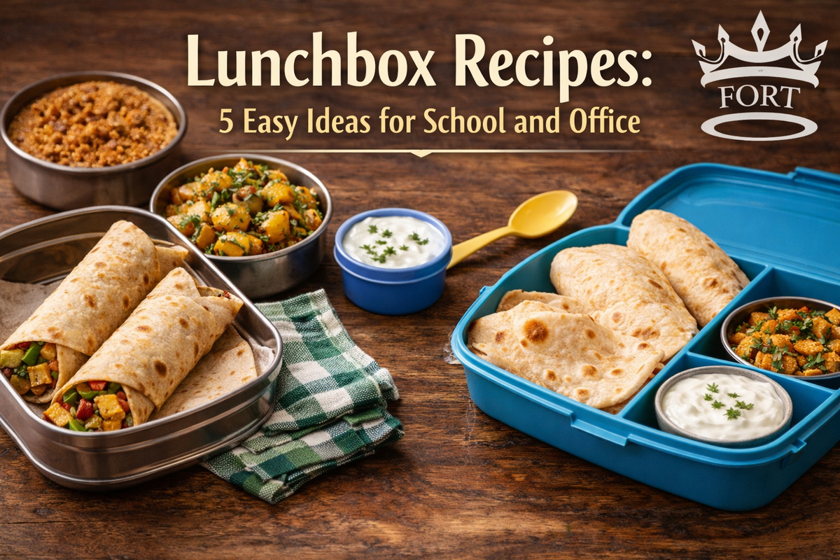 lunchbox recipes shown with rotis, vegetable wraps, sabzi, and curd packed for school and office